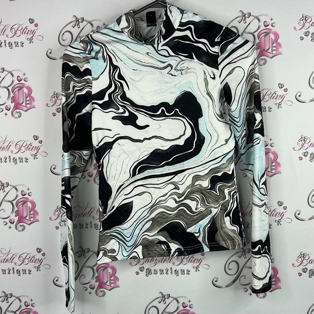 SHEIN long stretchy marble print Black and White Swirl Button Down Shirt